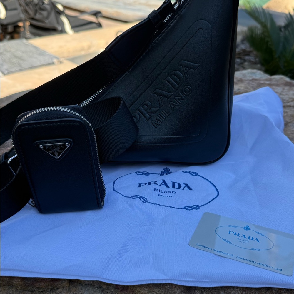 Genuine vegan leather PRADA Black triangle Sling Bag with detachable Logo mini - Picture 10 of 13